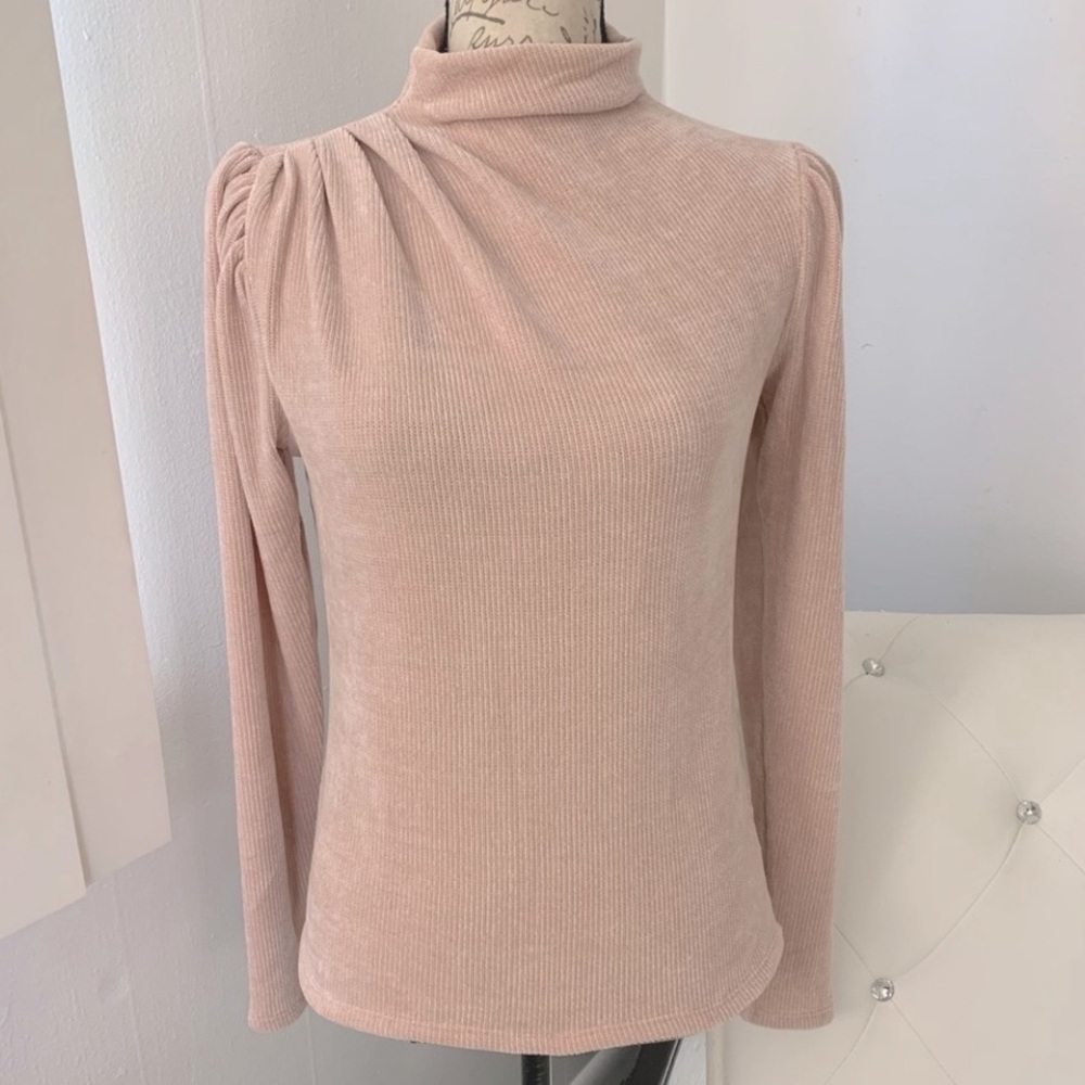 NWT Express Supersoft Chenille Mock Neck Ruch Shoulder Long Sleeve Top Blush XS